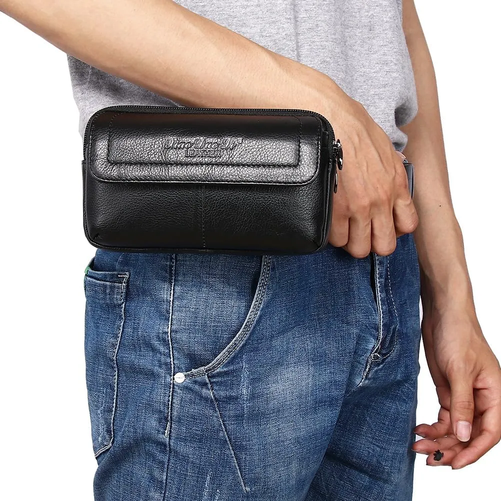 Leather Waist Belt Bag for Men Classic Side Fanny Pack Hip Bum Purse Smartphone Pouch for Travel Casual Formal Model 2-Horizontal Black