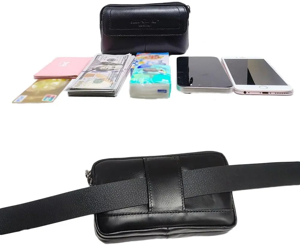 Leather Waist Belt Bag for Men Classic Side Fanny Pack Hip Bum Purse Smartphone Pouch for Travel Casual Formal Model 2-Horizontal Black