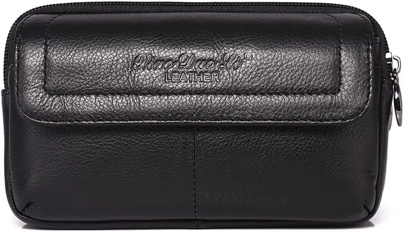 Leather Waist Belt Bag for Men Classic Side Fanny Pack Hip Bum Purse Smartphone Pouch for Travel Casual Formal Model 2-Horizontal Black