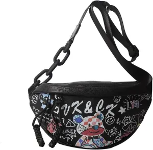 Leather Waist Pack Fanny Pack for Men Women,[Graffiti Series] Multifunctional Crossbody Bag Fashion Hip Purse Travel Trip Hiking Bum Bag Shoulder Belt Bag