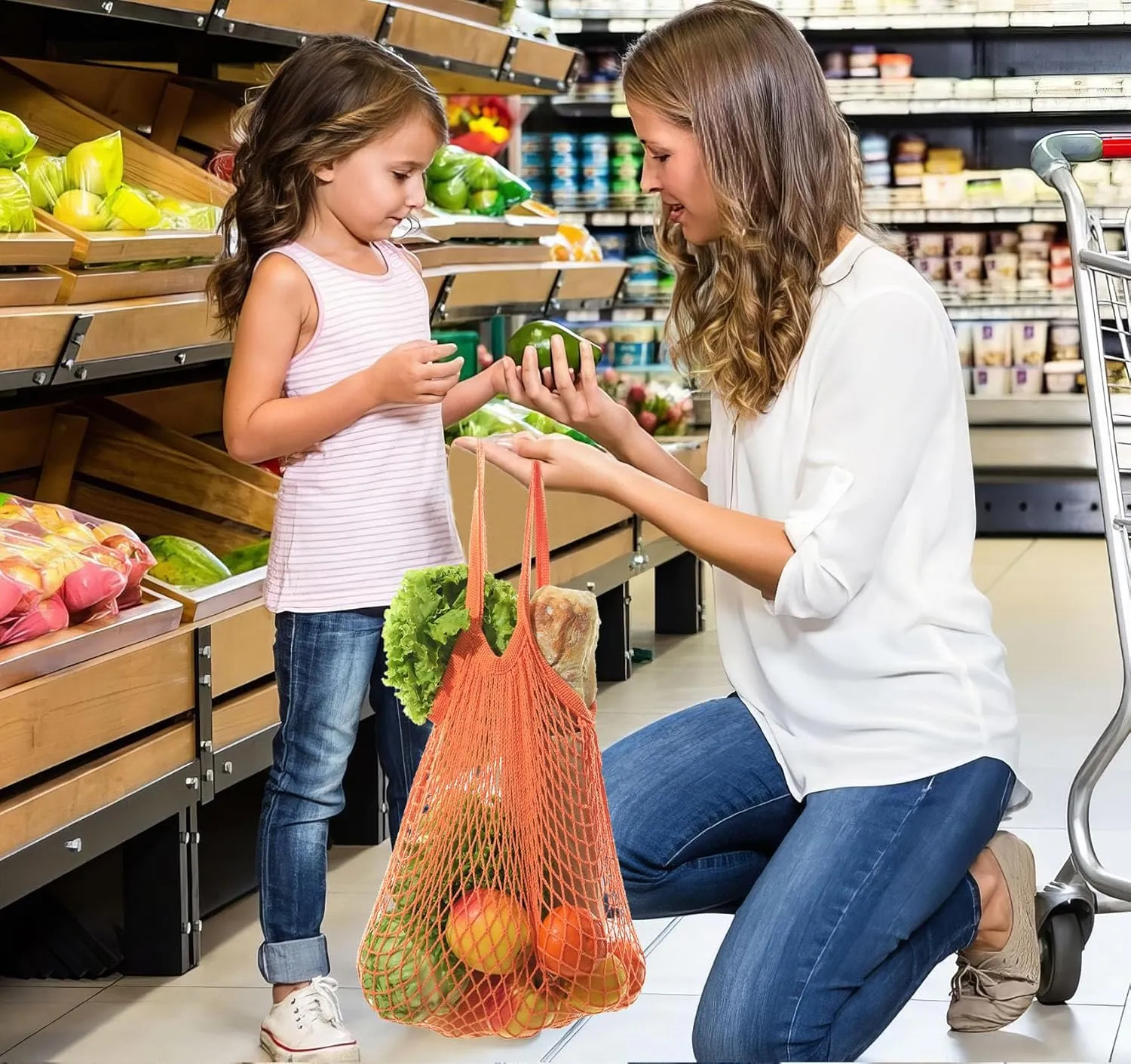 Lemonfilter 5 Pack Reusable Cotton Mesh Grocery Bags with Long Handle, Eco Friendly Washable Mesh Produce Bags for Potatoes, Fruit, Vegetables, Onions