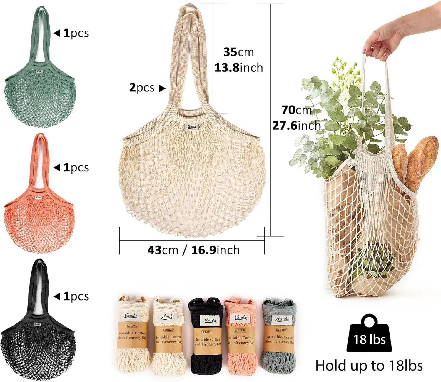 Lemonfilter 5 Pack Reusable Cotton Mesh Grocery Bags with Long Handle, Eco Friendly Washable Mesh Produce Bags for Potatoes, Fruit, Vegetables, Onions