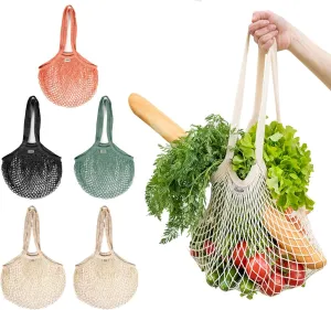 Lemonfilter 5 Pack Reusable Cotton Mesh Grocery Bags with Long Handle, Eco Friendly Washable Mesh Produce Bags for Potatoes, Fruit, Vegetables, Onions