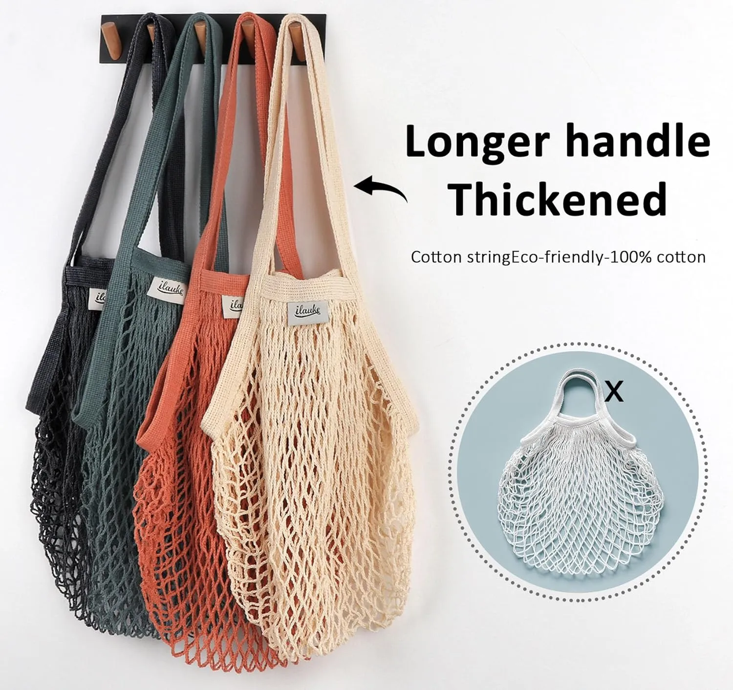Lemonfilter 5 Pack Reusable Cotton Mesh Grocery Bags with Long Handle, Eco Friendly Washable Mesh Produce Bags for Potatoes, Fruit, Vegetables, Onions