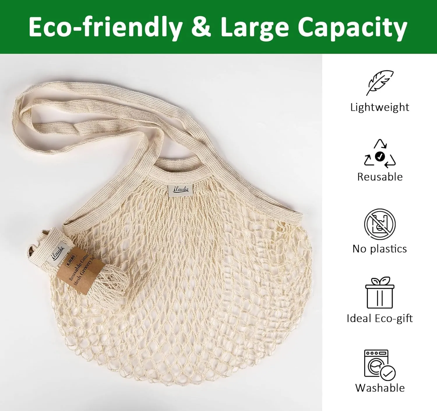 Lemonfilter 5 Pack Reusable Cotton Mesh Grocery Bags with Long Handle, Eco Friendly Washable Mesh Produce Bags for Potatoes, Fruit, Vegetables, Onions