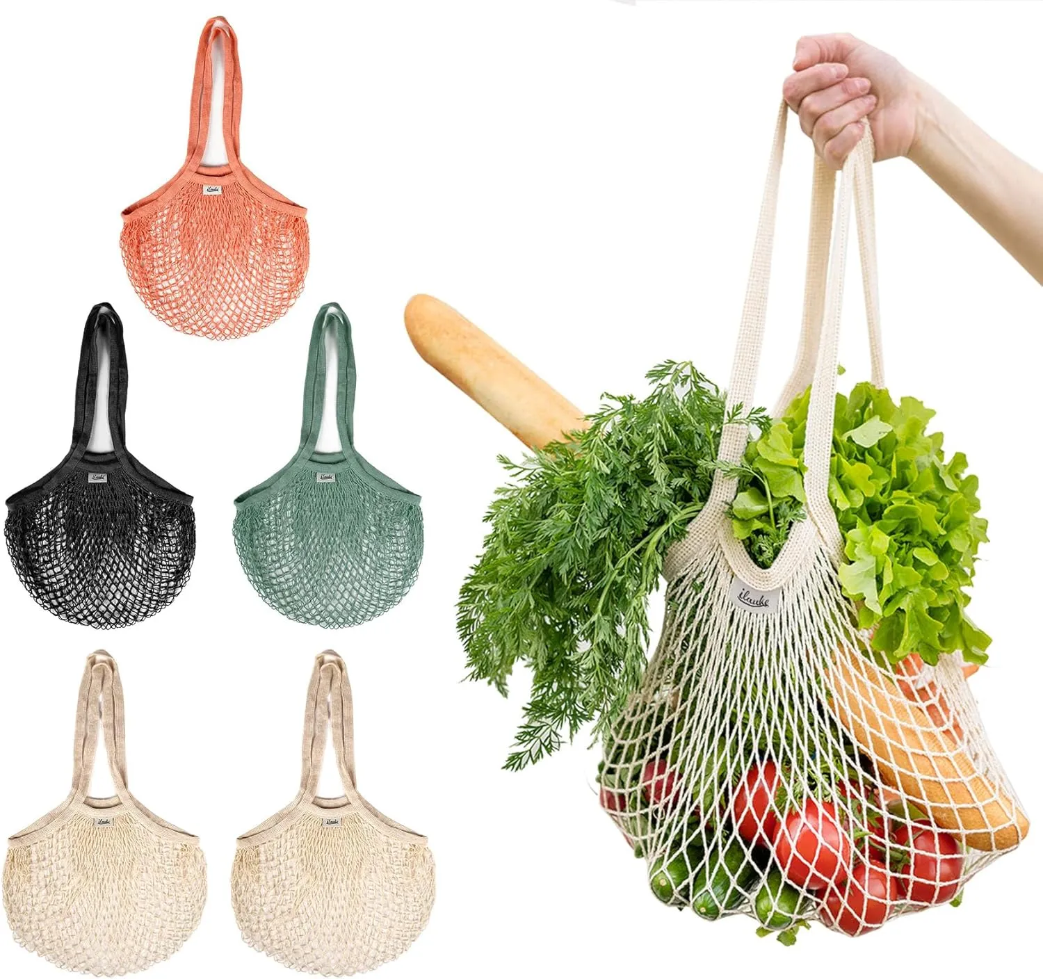 Lemonfilter 5 Pack Reusable Cotton Mesh Grocery Bags with Long Handle, Eco Friendly Washable Mesh Produce Bags for Potatoes, Fruit, Vegetables, Onions