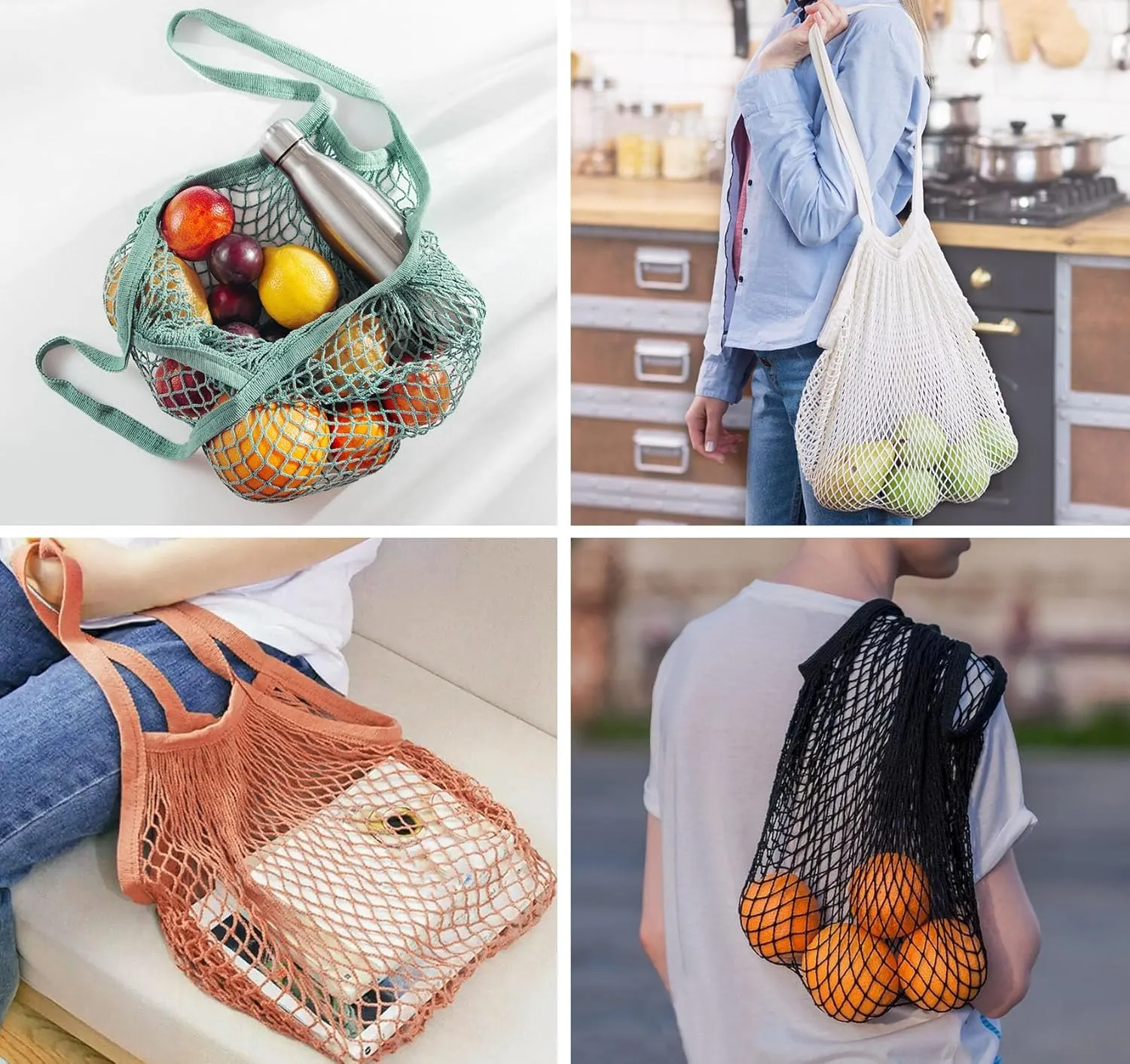 Lemonfilter 5 Pack Reusable Cotton Mesh Grocery Bags with Long Handle, Eco Friendly Washable Mesh Produce Bags for Potatoes, Fruit, Vegetables, Onions