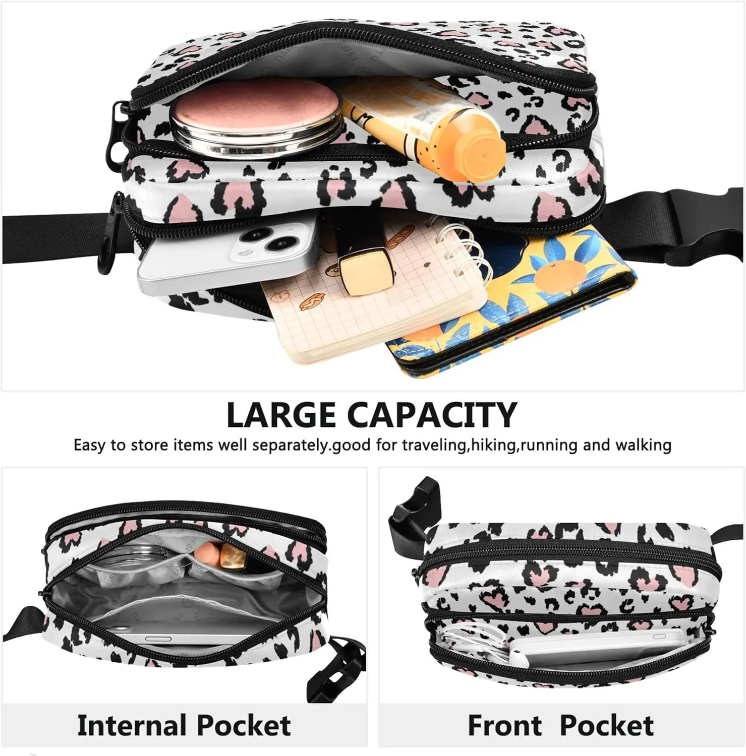 Leopard Jaguar Print Pink Fanny Packs Women Waterproof Belt Bag Hip Pack Flower Crossbody Waist Pack