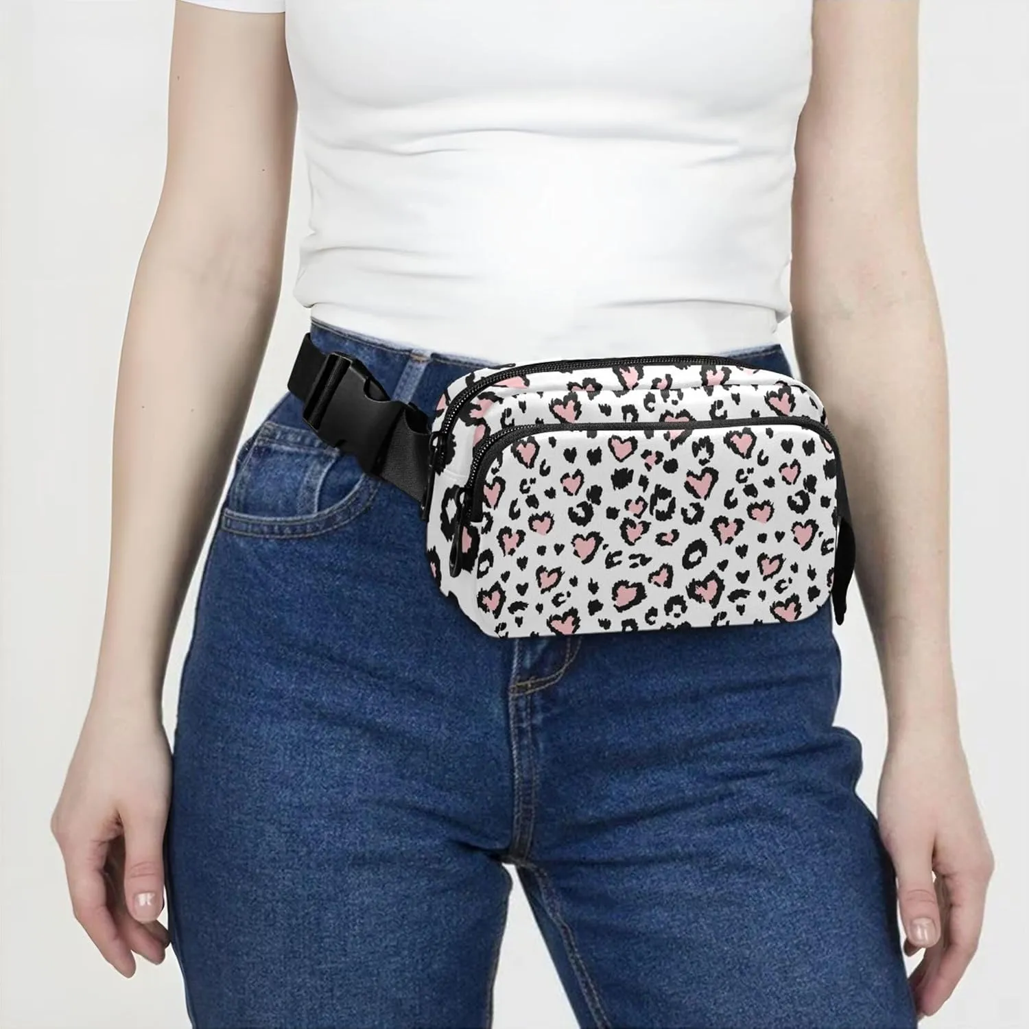 Leopard Jaguar Print Pink Fanny Packs Women Waterproof Belt Bag Hip Pack Flower Crossbody Waist Pack