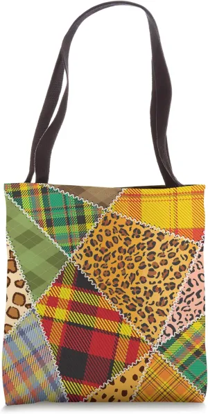 Leopard Print Buffalo Plaid Patchwork Quilt Type Needlework Tote Bag