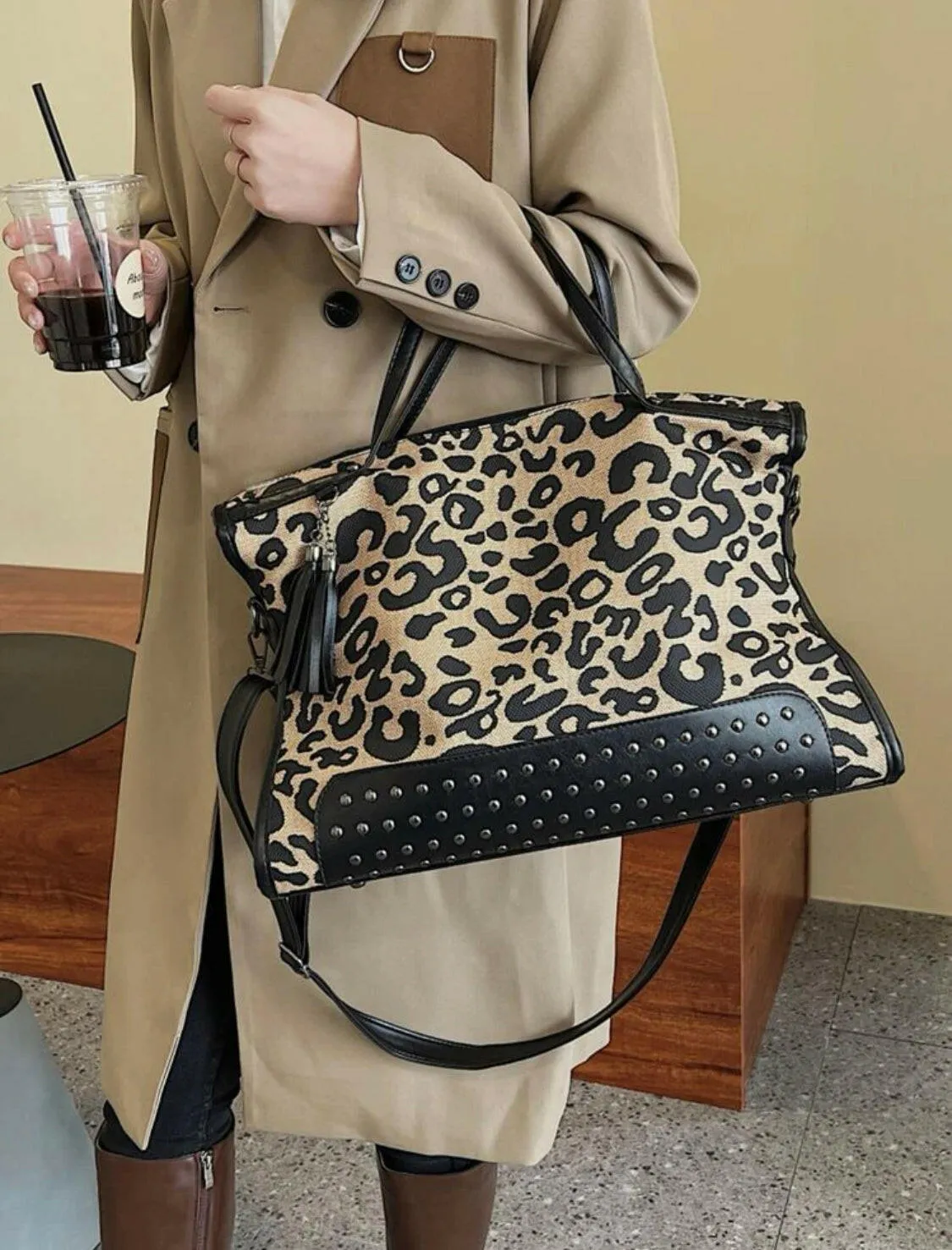 Leopard Studded Decor Shoulder Tote Bag