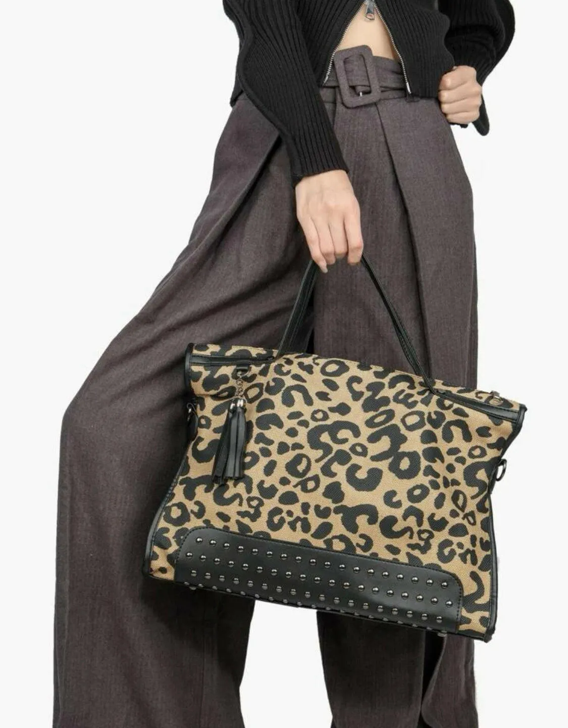 Leopard Studded Decor Shoulder Tote Bag