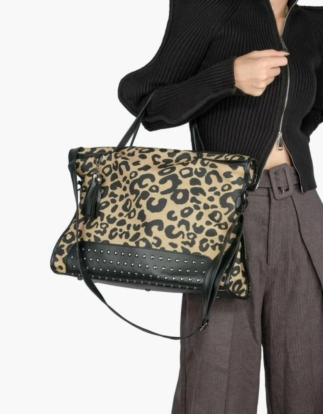 Leopard Studded Decor Shoulder Tote Bag