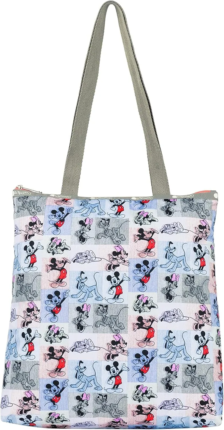 LeSportsac Mickey Patchwork Exclusive Easy Magazine Tote Bag, Style 3531/Color G786, Mickey, Minnie & Pluto in Playful Patchwork Style Graphic, Pastel Pink, Blue & Grey, Contrasting Pink Zipper