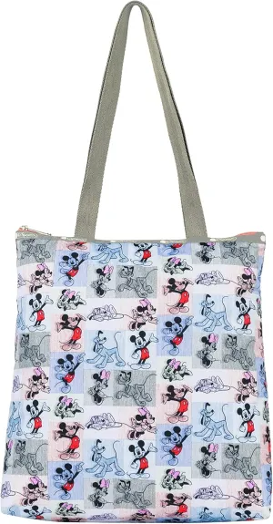 LeSportsac Mickey Patchwork Exclusive Easy Magazine Tote Bag, Style 3531/Color G786, Mickey, Minnie & Pluto in Playful Patchwork Style Graphic, Pastel Pink, Blue & Grey, Contrasting Pink Zipper