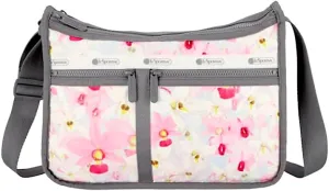 LeSportsac Orchid Bloom Deluxe Everyday Crossbody Bag   Cosmetic Bag, Style 7507/Color E815, Botanical Gardens Exclusive Collaboration, Dreamy Watercolor Style Orchids in Pink & Ivory, Pearlized Sheen