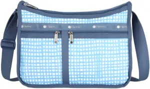 LeSportsac Painterly Weave Deluxe Everyday Crossbody Bag   Cosmetic Bag, Style 7507/Color E612, Dreamy Sky Blue & Crisp White Unite, Abstract Playful Gingham Inspired Weave, Subtle Pearlized Sheen