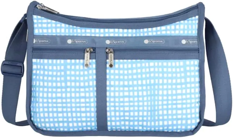 LeSportsac Painterly Weave Deluxe Everyday Crossbody Bag   Cosmetic Bag, Style 7507/Color E612, Dreamy Sky Blue & Crisp White Unite, Abstract Playful Gingham Inspired Weave, Subtle Pearlized Sheen