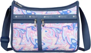 LeSportsac Radiant Reflections Deluxe Everyday Crossbody Bag   Cosmetic Bag, Style 7507/Color E541, Abstract Retro Swirls & Hearts, Soft Pastels: Blue, Pink, Amethyst & Cream, Subtle Iridescent Sheen
