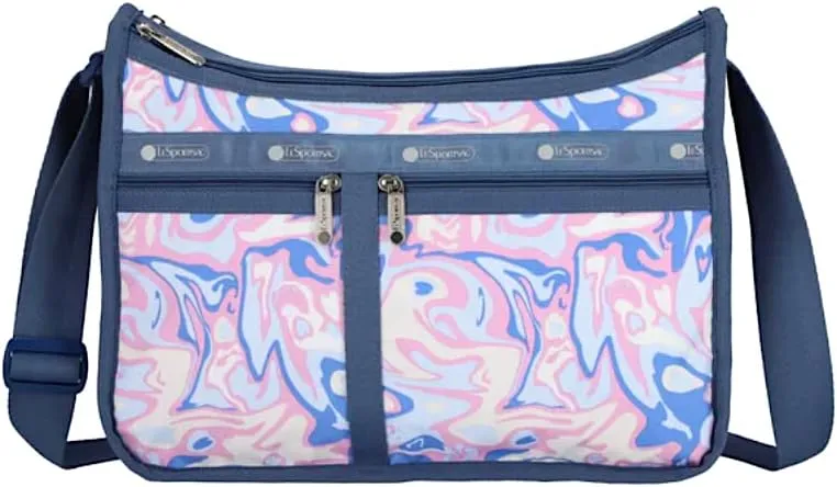 LeSportsac Radiant Reflections Deluxe Everyday Crossbody Bag   Cosmetic Bag, Style 7507/Color E541, Abstract Retro Swirls & Hearts, Soft Pastels: Blue, Pink, Amethyst & Cream, Subtle Iridescent Sheen
