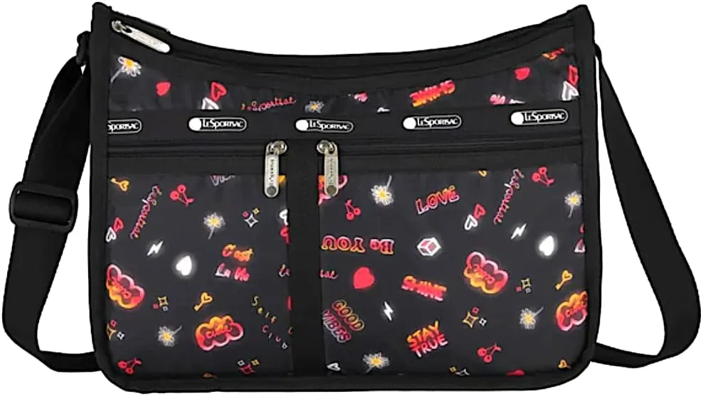LeSportsac Stay True Deluxe Everyday Crossbody Bag   Cosmetic Bag, Style 7507/Color E481, Empowering Pop Art Style Words w Tie-Dye Effect: Be You, Stay True, Shine, Self Love Club   Colorful Hearts