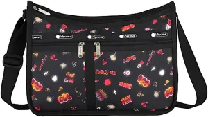 LeSportsac Stay True Deluxe Everyday Crossbody Bag   Cosmetic Bag, Style 7507/Color E481, Empowering Pop Art Style Words w Tie-Dye Effect: Be You, Stay True, Shine, Self Love Club   Colorful Hearts