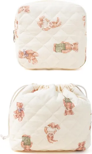 LETGO Cute Makeup Bag,Quilted Cosmetic Bag,Small Make Up Bag for Women,Cotton Drawstring Makeup Bag Set,Coquette Aesthetic Toiletry Bag Travel Make Up Organizer Case (Cute Bear)