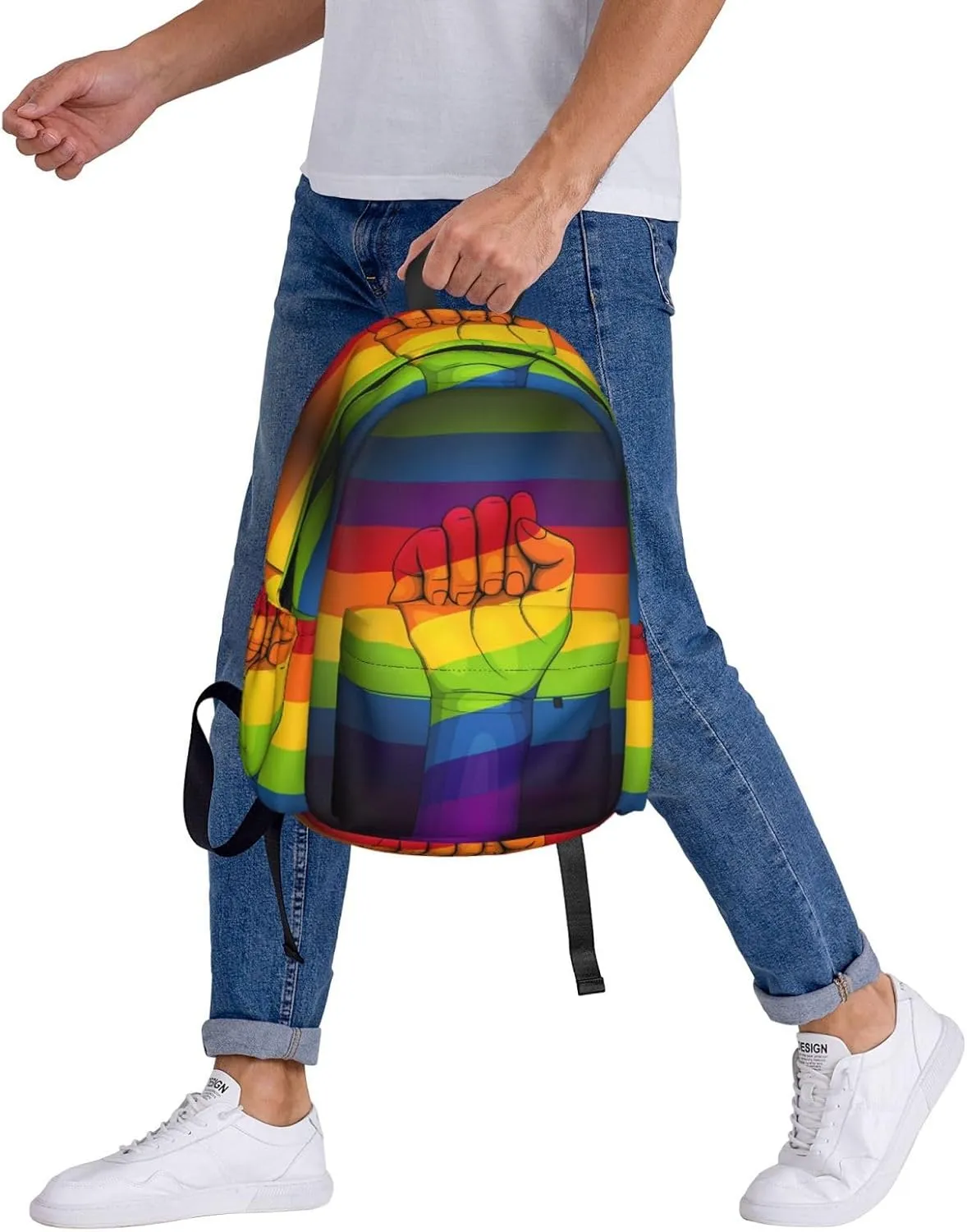Lgbt Gay Pride Flag Rainbow Make A Fist 17 Inch Casual Backpack Laptop Backpacks Travel Back Pack Large Camping Rucksack Hiking Daypack Lightweight Double Shoulder Bag