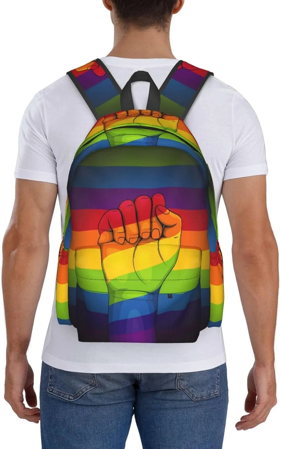 Lgbt Gay Pride Flag Rainbow Make A Fist 17 Inch Casual Backpack Laptop Backpacks Travel Back Pack Large Camping Rucksack Hiking Daypack Lightweight Double Shoulder Bag