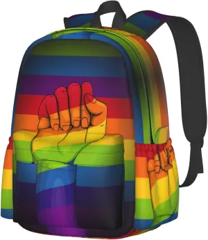 Lgbt Gay Pride Flag Rainbow Make A Fist 17 Inch Casual Backpack Laptop Backpacks Travel Back Pack Large Camping Rucksack Hiking Daypack Lightweight Double Shoulder Bag