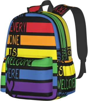 LGBT Rainbow Gay Pride Everyone Is Welcome Here 17 Inch Casual Backpack Laptop Backpacks Travel Back Pack Large Camping Rucksack Hiking Daypack Lightweight Double Shoulder Bag
