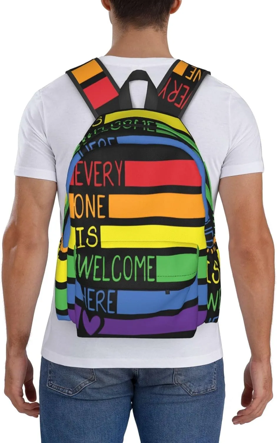 LGBT Rainbow Gay Pride Everyone Is Welcome Here 17 Inch Casual Backpack Laptop Backpacks Travel Back Pack Large Camping Rucksack Hiking Daypack Lightweight Double Shoulder Bag