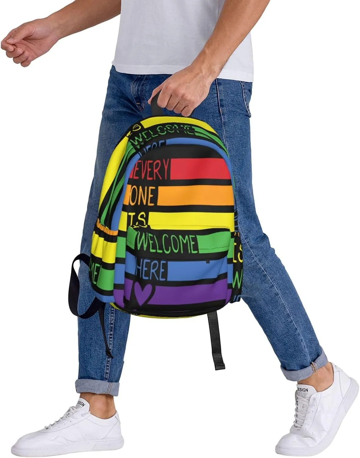 LGBT Rainbow Gay Pride Everyone Is Welcome Here 17 Inch Casual Backpack Laptop Backpacks Travel Back Pack Large Camping Rucksack Hiking Daypack Lightweight Double Shoulder Bag