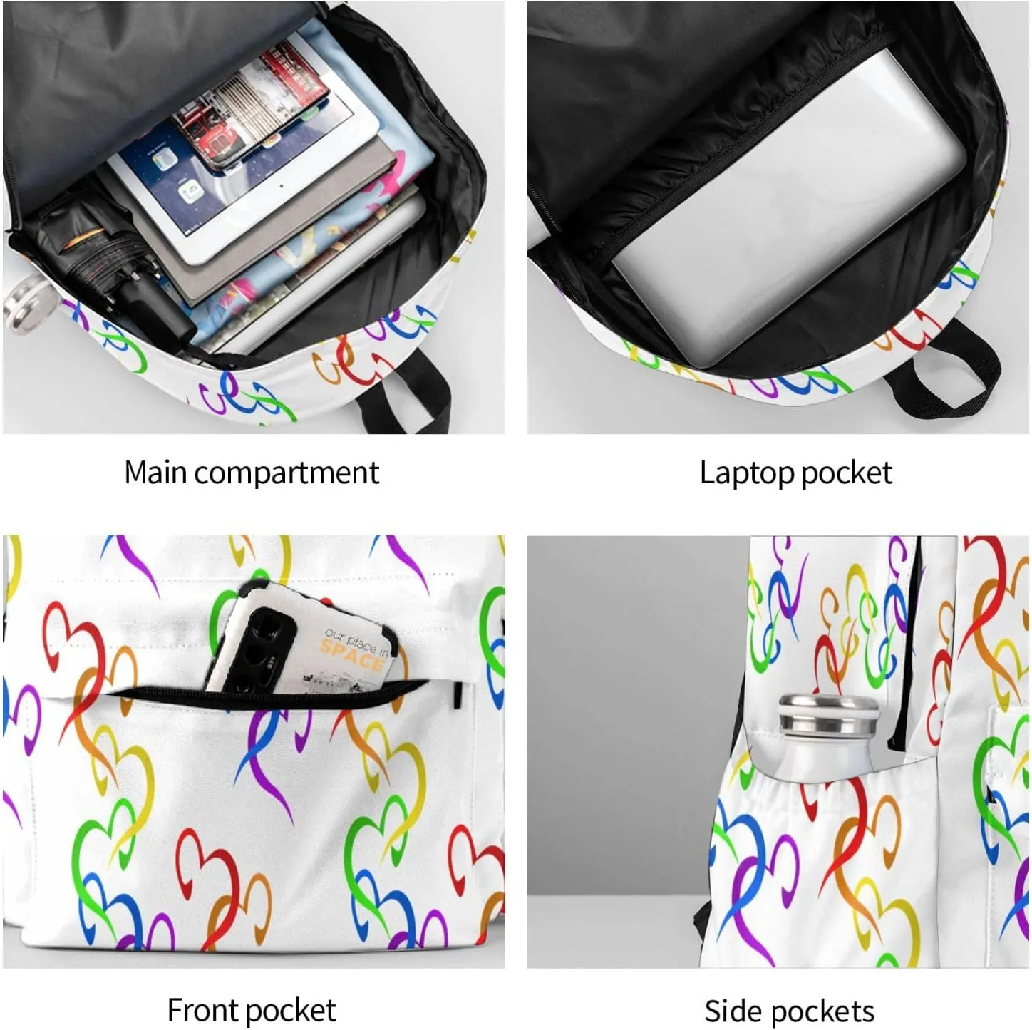 LGBT Rainbow Gay Pride Hearts 17 Inch Casual Backpack Laptop Backpacks Travel Back Pack Large Camping Rucksack Hiking Daypack Lightweight Double Shoulder Bag