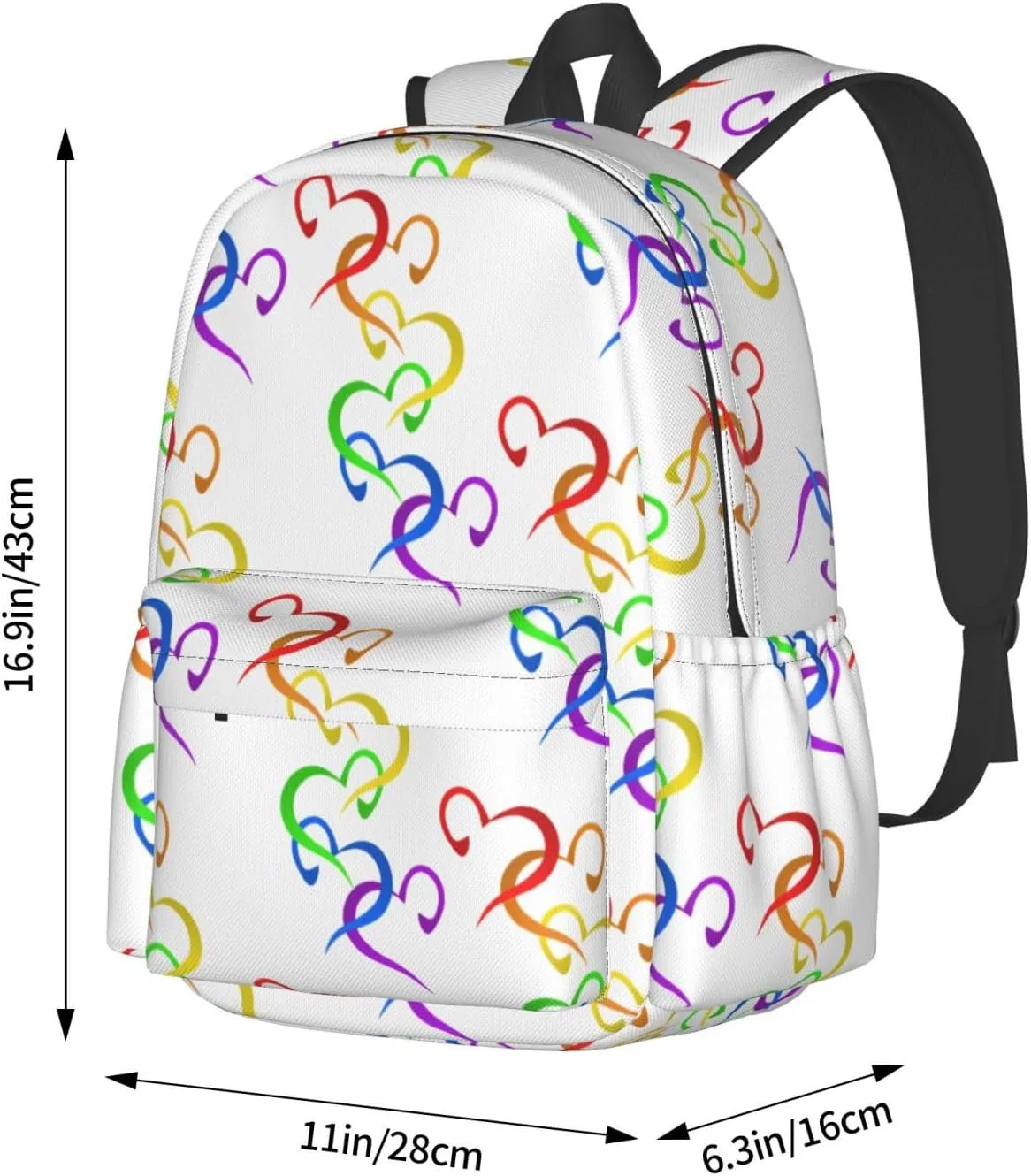 LGBT Rainbow Gay Pride Hearts 17 Inch Casual Backpack Laptop Backpacks Travel Back Pack Large Camping Rucksack Hiking Daypack Lightweight Double Shoulder Bag