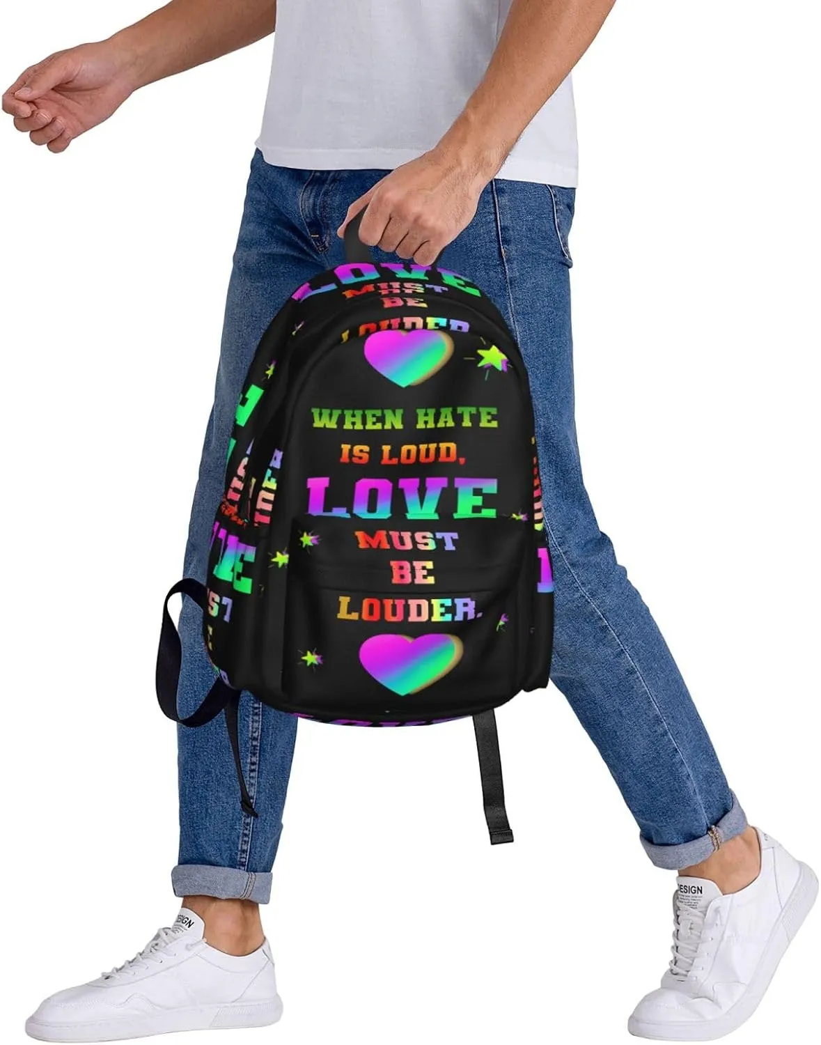 LGBT Rainbow Gay Pride Love Must Be Louder 17 Inch Casual Backpack Laptop Backpacks Travel Back Pack Large Camping Rucksack Hiking Daypack Lightweight Double Shoulder Bag