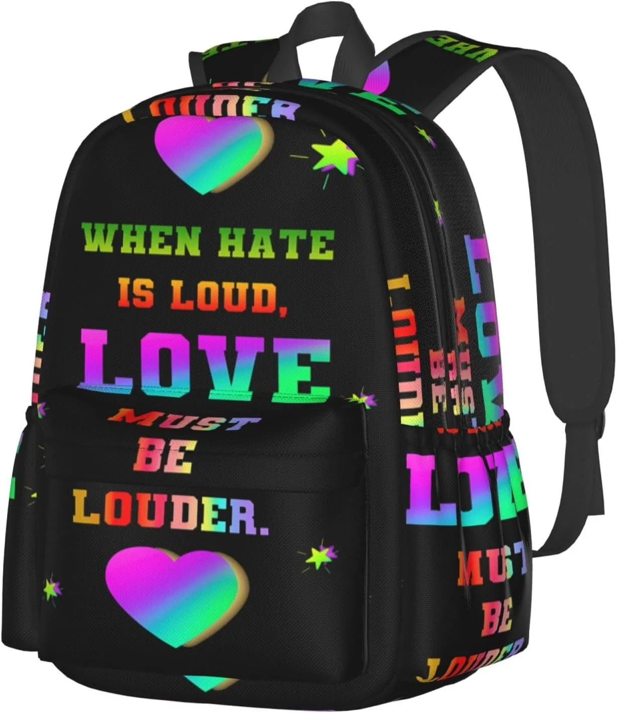 LGBT Rainbow Gay Pride Love Must Be Louder 17 Inch Casual Backpack Laptop Backpacks Travel Back Pack Large Camping Rucksack Hiking Daypack Lightweight Double Shoulder Bag