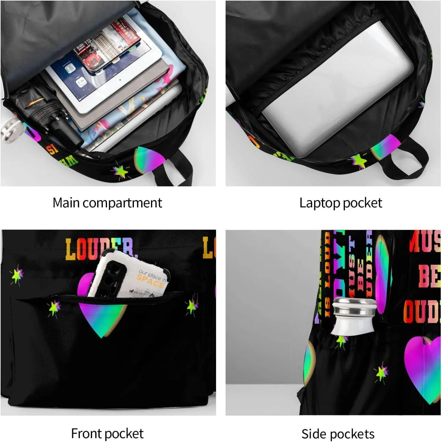 LGBT Rainbow Gay Pride Love Must Be Louder 17 Inch Casual Backpack Laptop Backpacks Travel Back Pack Large Camping Rucksack Hiking Daypack Lightweight Double Shoulder Bag