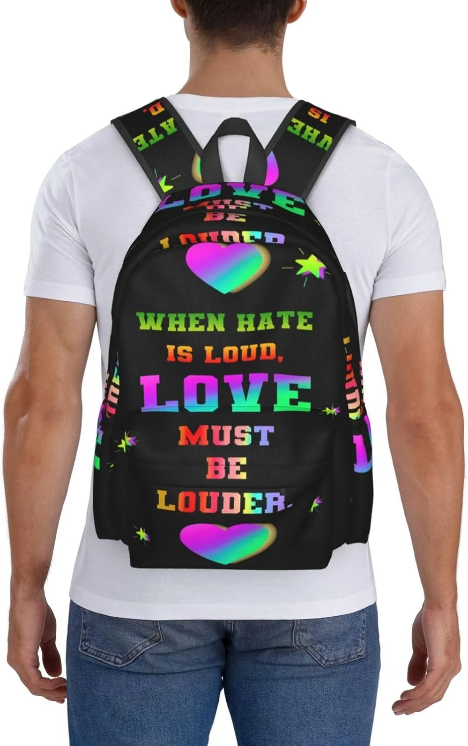 LGBT Rainbow Gay Pride Love Must Be Louder 17 Inch Casual Backpack Laptop Backpacks Travel Back Pack Large Camping Rucksack Hiking Daypack Lightweight Double Shoulder Bag