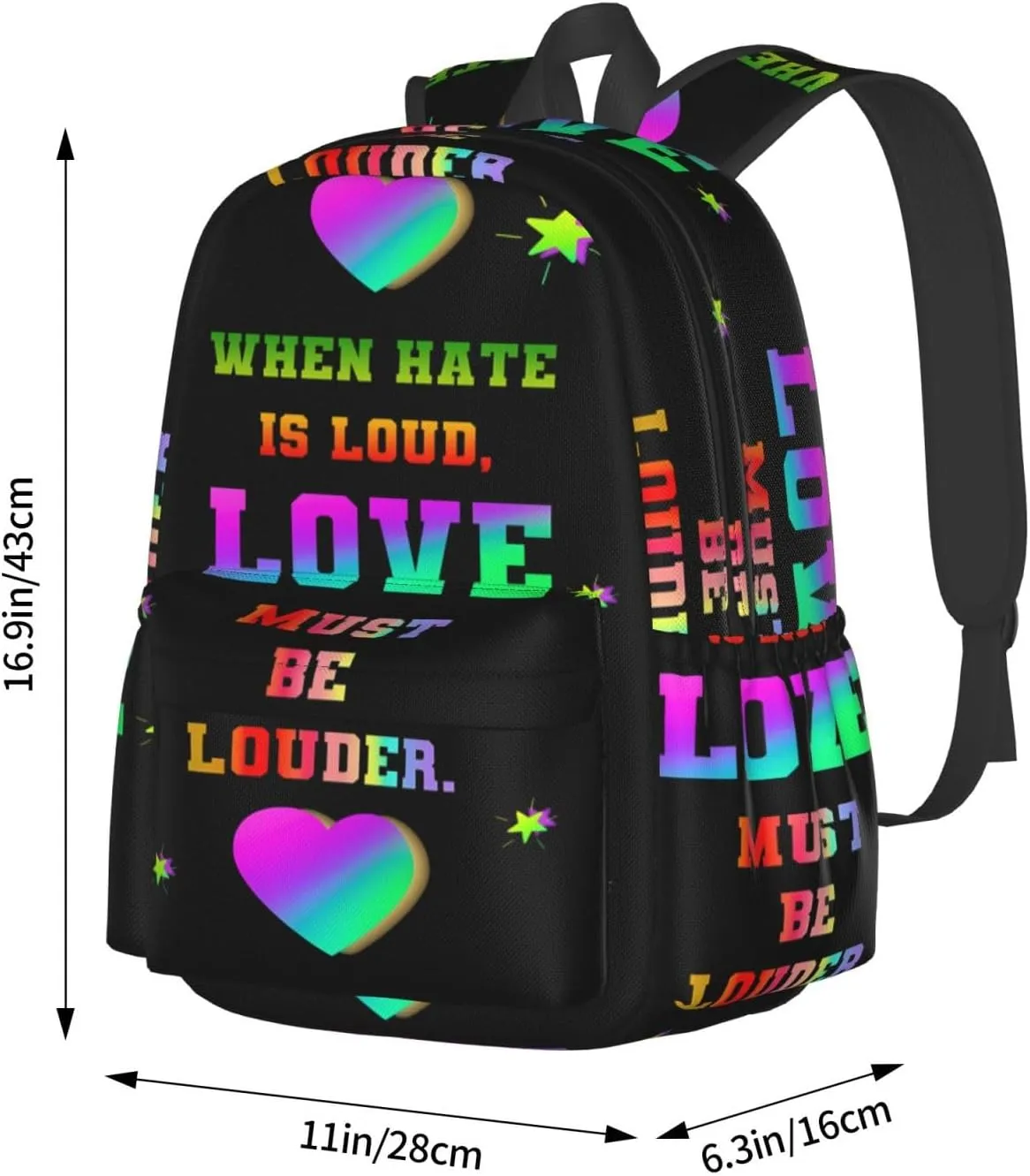LGBT Rainbow Gay Pride Love Must Be Louder 17 Inch Casual Backpack Laptop Backpacks Travel Back Pack Large Camping Rucksack Hiking Daypack Lightweight Double Shoulder Bag