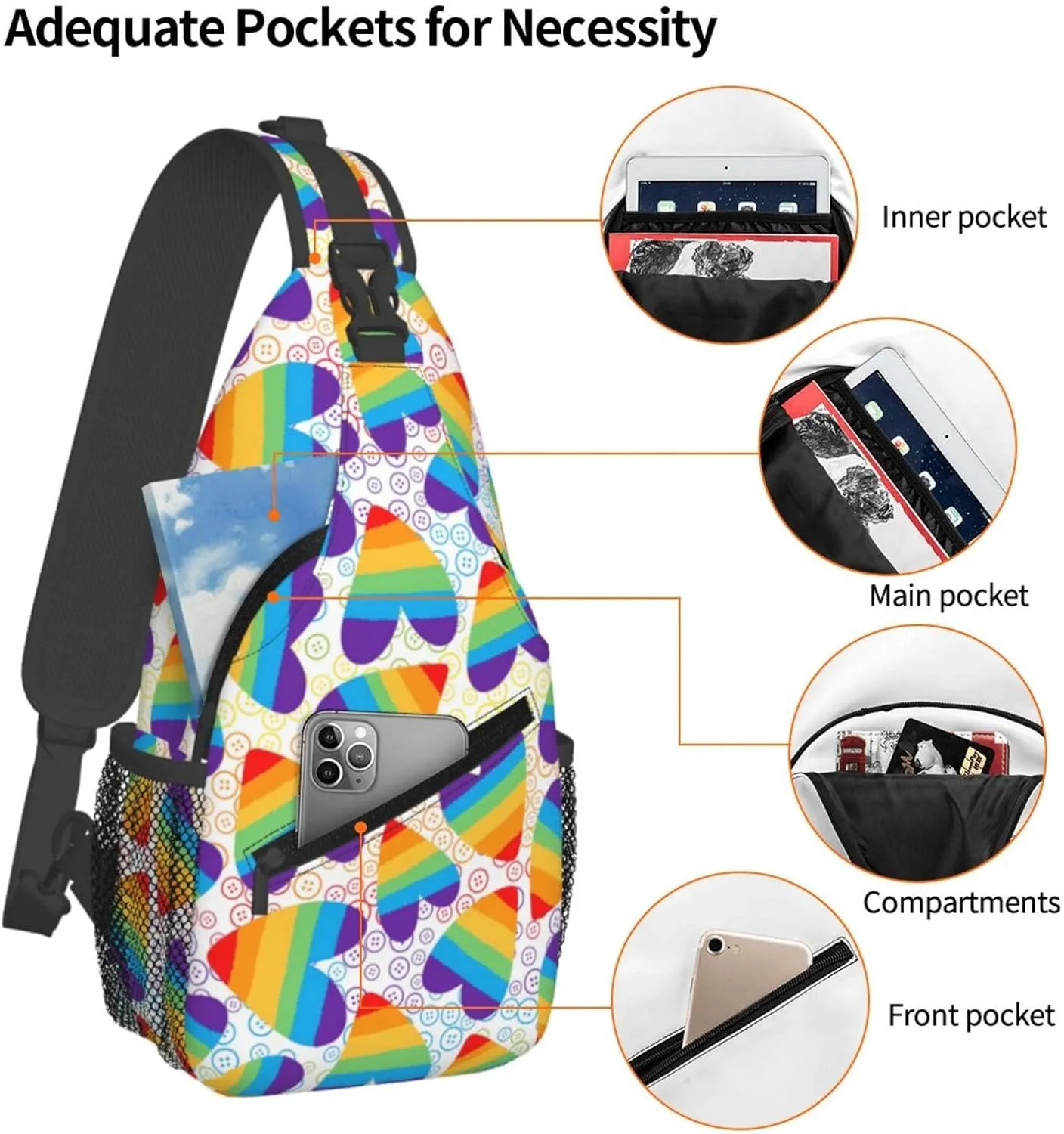 Lgbt Rainbow Hearts Crossbody Sling Bag Adjustable Lgbt Chest Bag For Men Women Rainbow Pride Shoulder Bag Sling Backpack Daypack