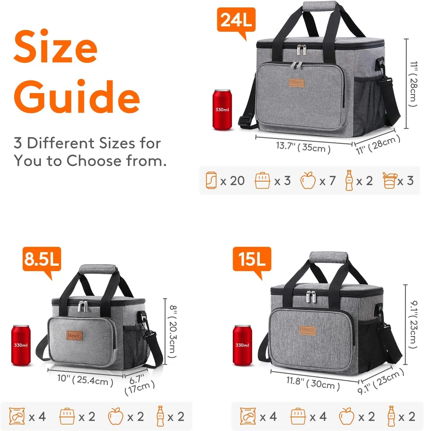 Lifewit Large Lunch Bag Insulated Lunch Box Soft Cooler Cooling Tote for Adult Men Women, Gray 24-Can (15L)