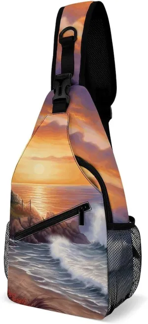 Lighthouse at Sunset Crossbody Bags Mini Sling Bag Fanny Chest Bag Travel Daypack Sling Backpack for Men Women