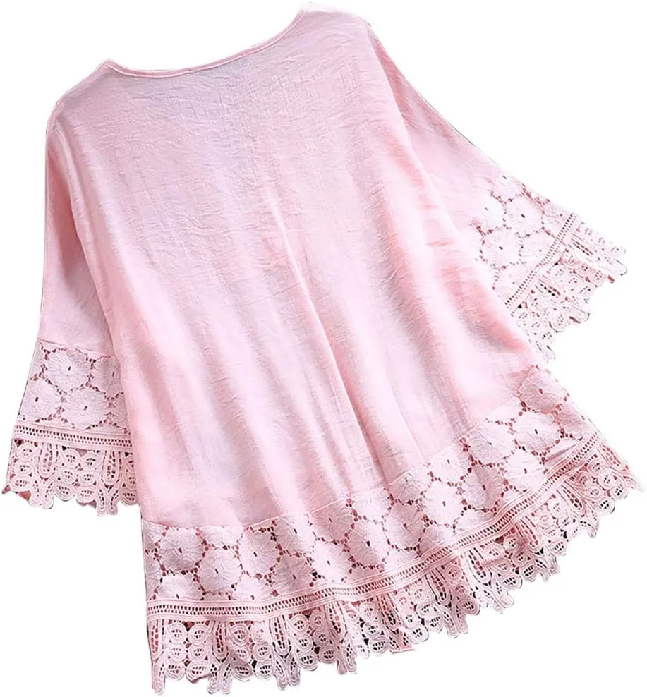 Linen Shirts for Women V-Neck Button Up Blouse Lapel Collar Dressy Tee Tops Long Sleeve Loose Fit T Shirts