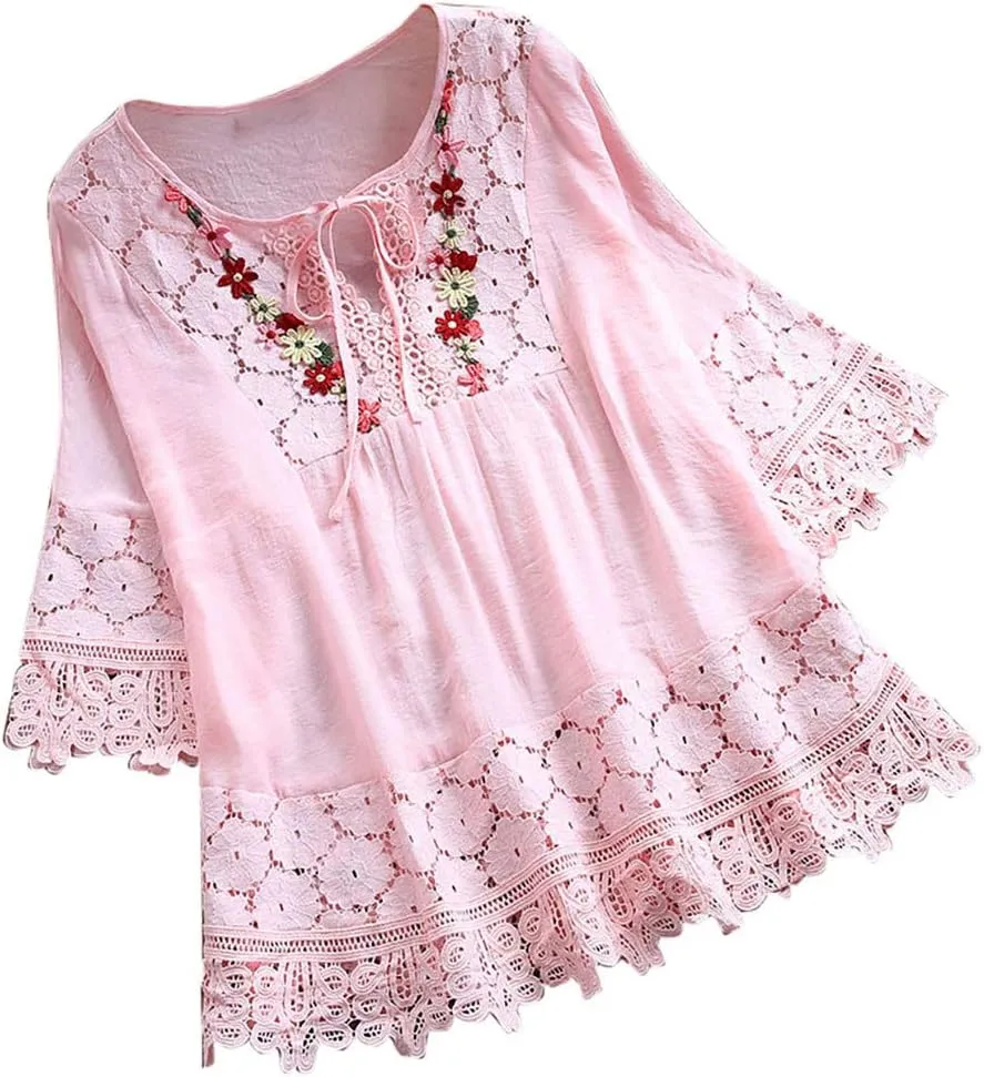 Linen Shirts for Women V-Neck Button Up Blouse Lapel Collar Dressy Tee Tops Long Sleeve Loose Fit T Shirts