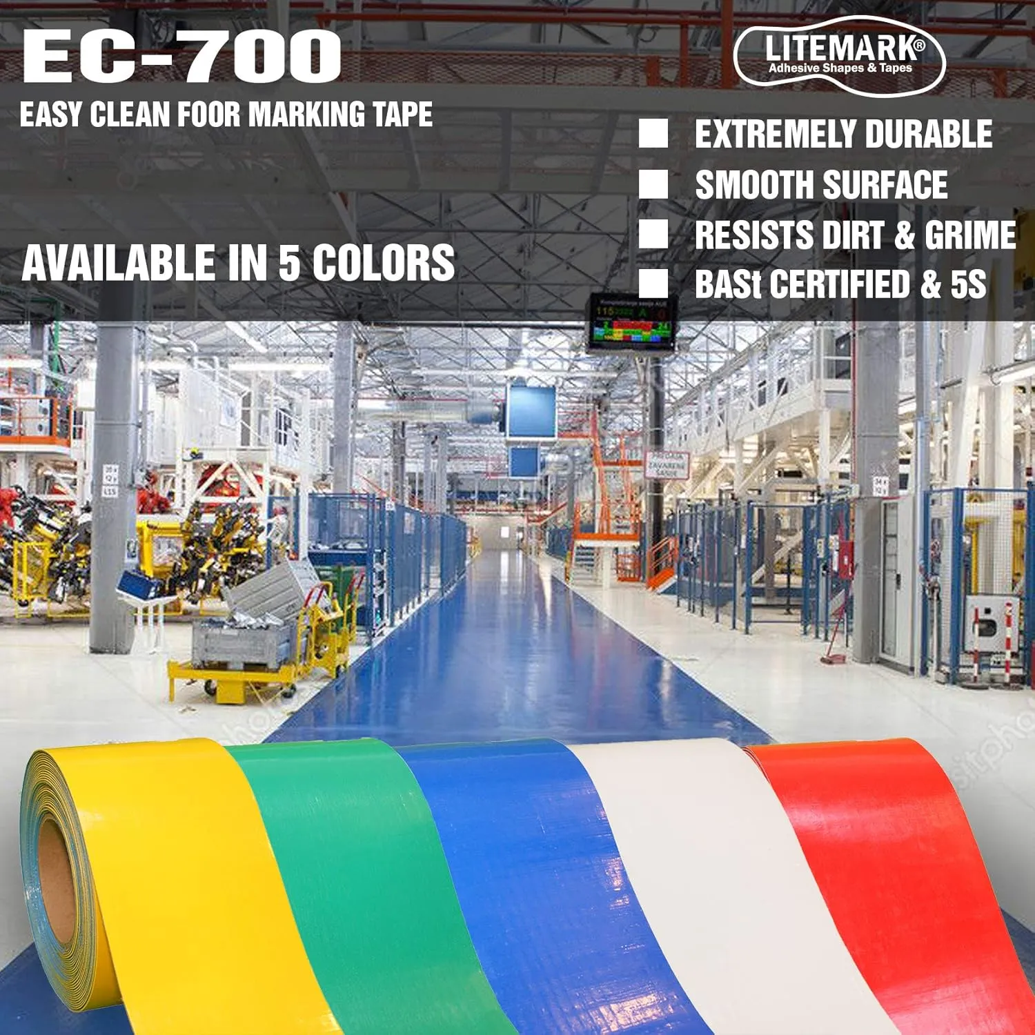 LiteMark Smooth Floor Marking Tape, EC-700 Heavy Duty Thick, Easy to Keep Clean, Warehouse, Yellow (1 Inches by 3 Feet) (6 Pack)