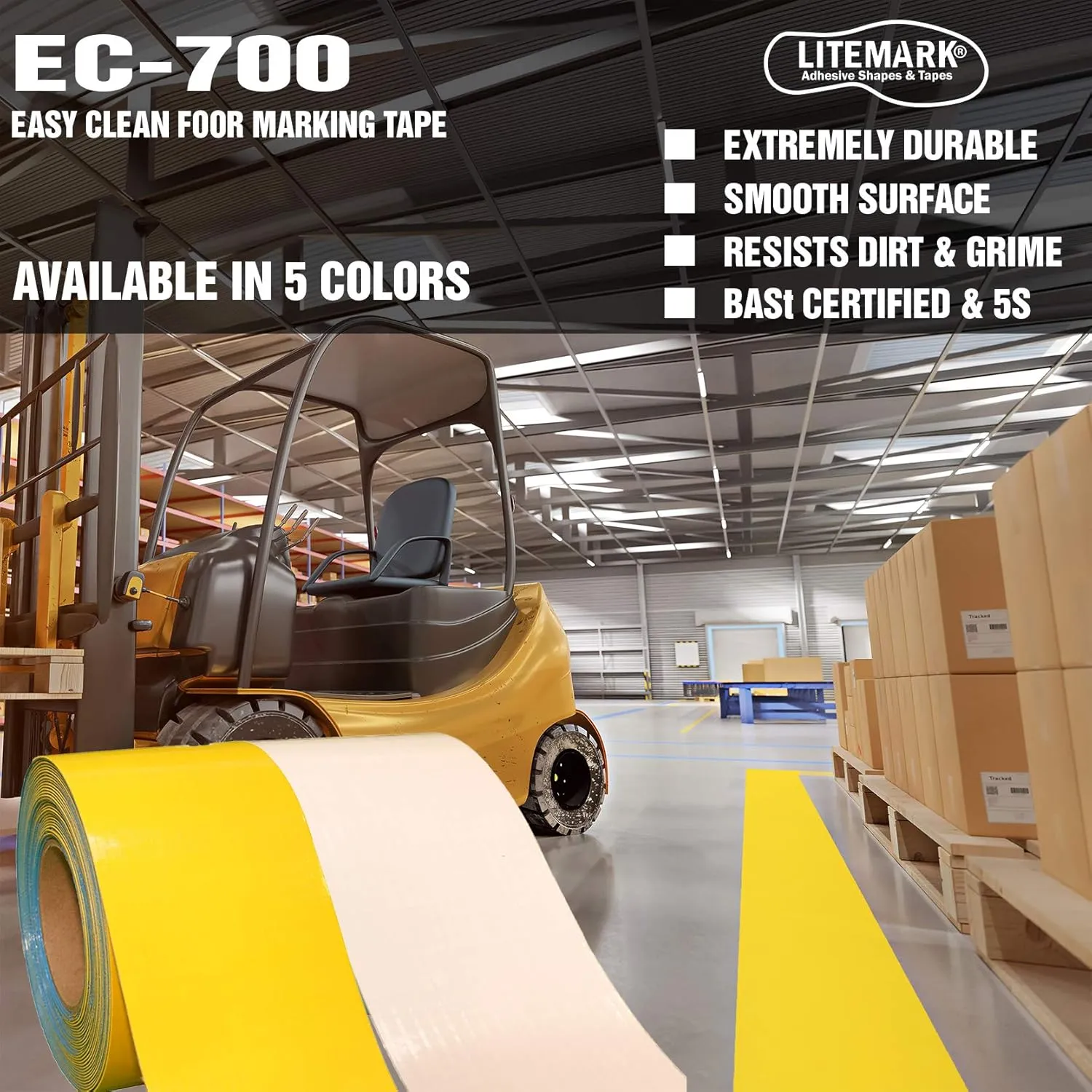 LiteMark Smooth Floor Marking Tape, EC-700 Heavy Duty Thick, Easy to Keep Clean, Warehouse, Yellow (1 Inches by 3 Feet) (6 Pack)