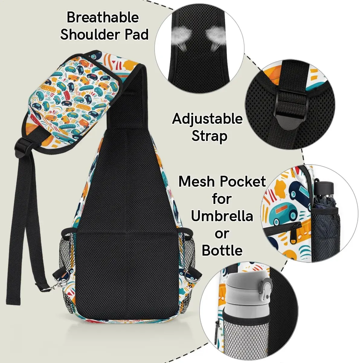 Little Cars Sling Bag for Women Men, Waterproof Crossbody Sling Backpack Travel Outdoor Sports Chest Bag