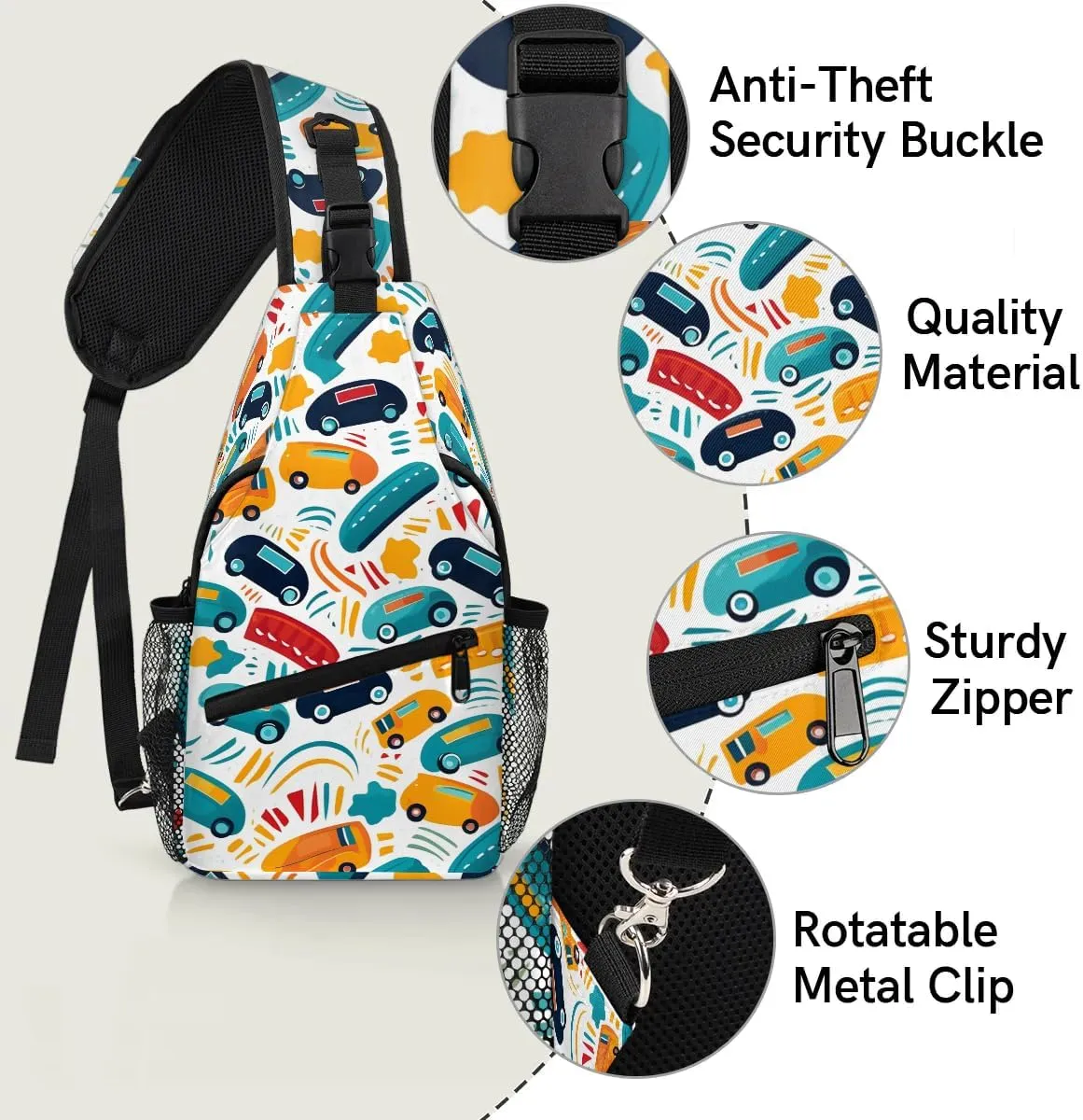 Little Cars Sling Bag for Women Men, Waterproof Crossbody Sling Backpack Travel Outdoor Sports Chest Bag