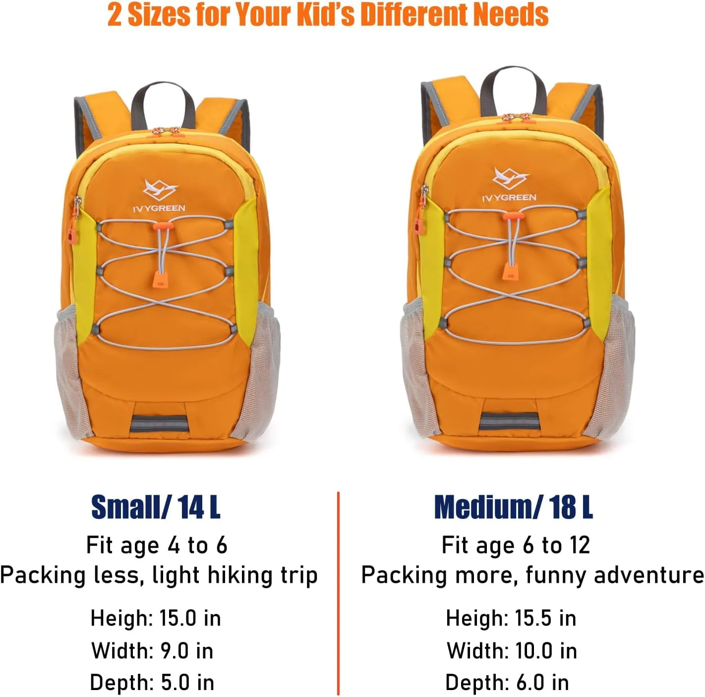Little Kids Hiking Backpack for Boys or Girls, Small Daypack for Camping or Travel (Orange, Medium)